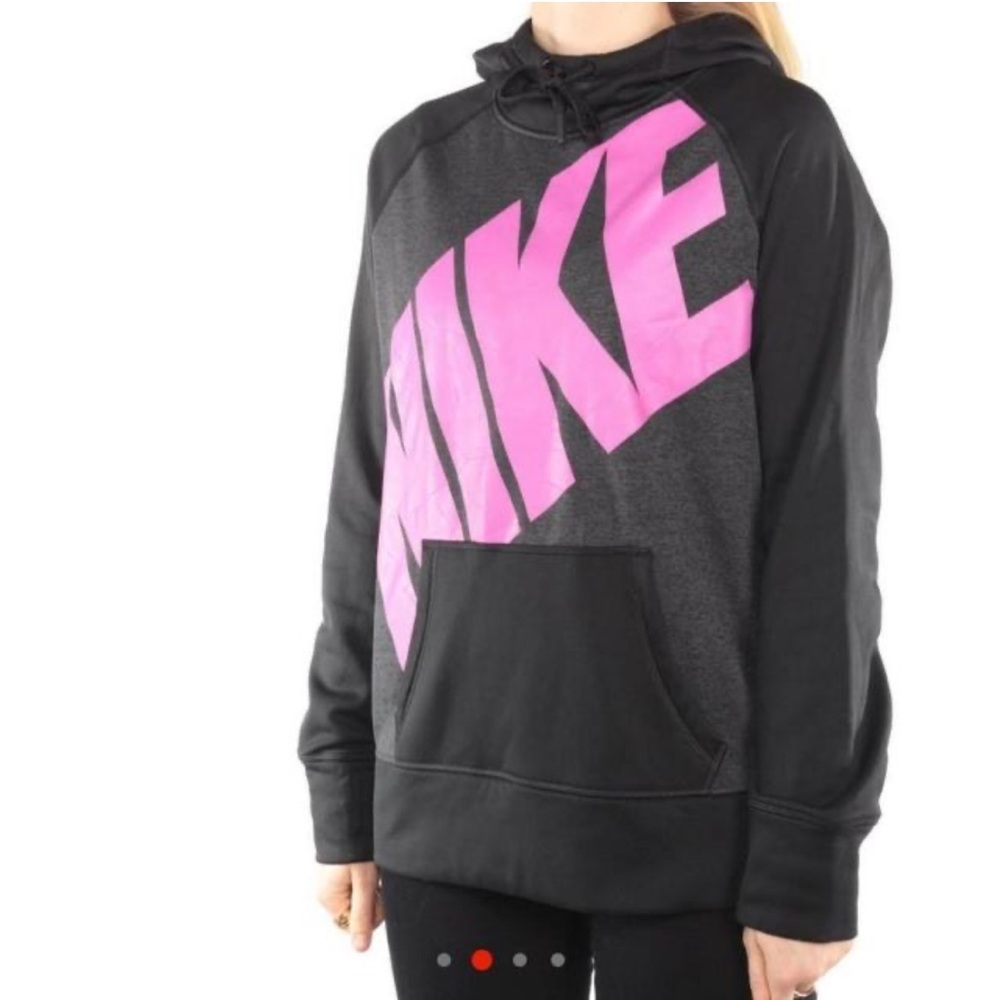 NIKE THRMA-FIT LONG SLEEVE SWEATSHIRT HOODIE WITH BOLD PINK LOGO BLACK SZ L